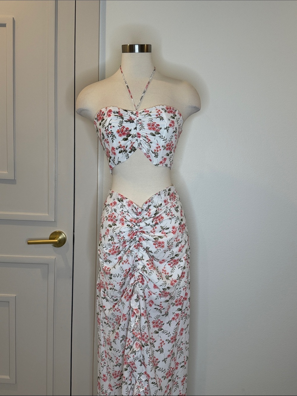 Floral White & Pink Two-Piece Maxi Dress